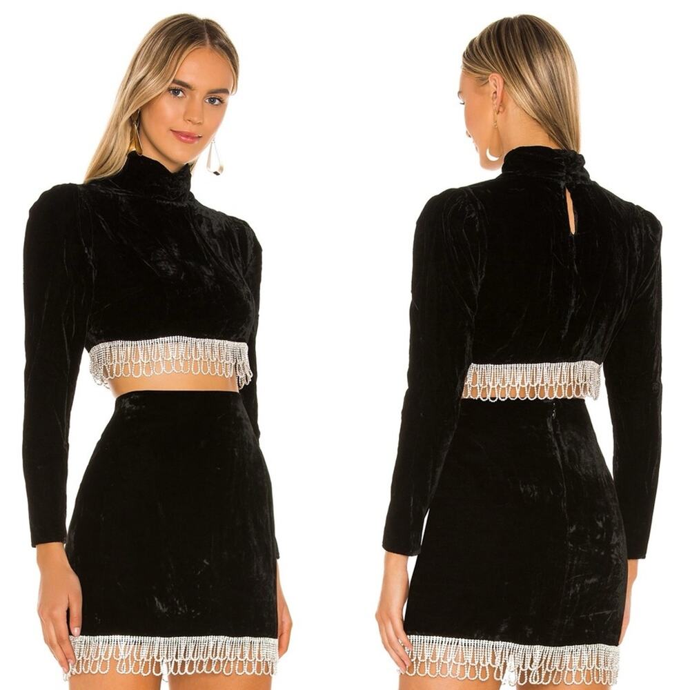 Camila Coelho Revolve Black Velvet Crystal Trim Aliah Cropped Top - Medium
